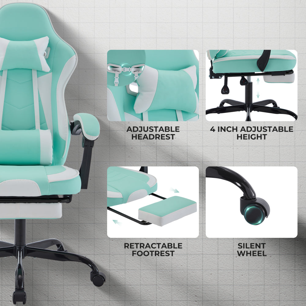 Gaming Chair, Ergonomic Computer Chair with Footrest and Massage Lumbar Support, Height Adjustable Swivel Video Game Chair for Adults, 300lb Max, Green