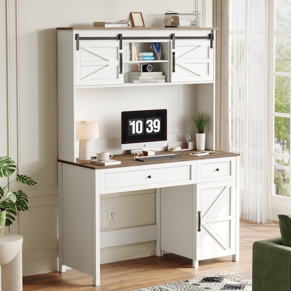 47" Farmhouse Executive Desk with Drawers, Wood Home Office Desk w/Charging Station, File Drawer, Storage Cabinet, Rustic Computer Writing Desk. White 47.24''W x 19.69''D x 67.91''H.