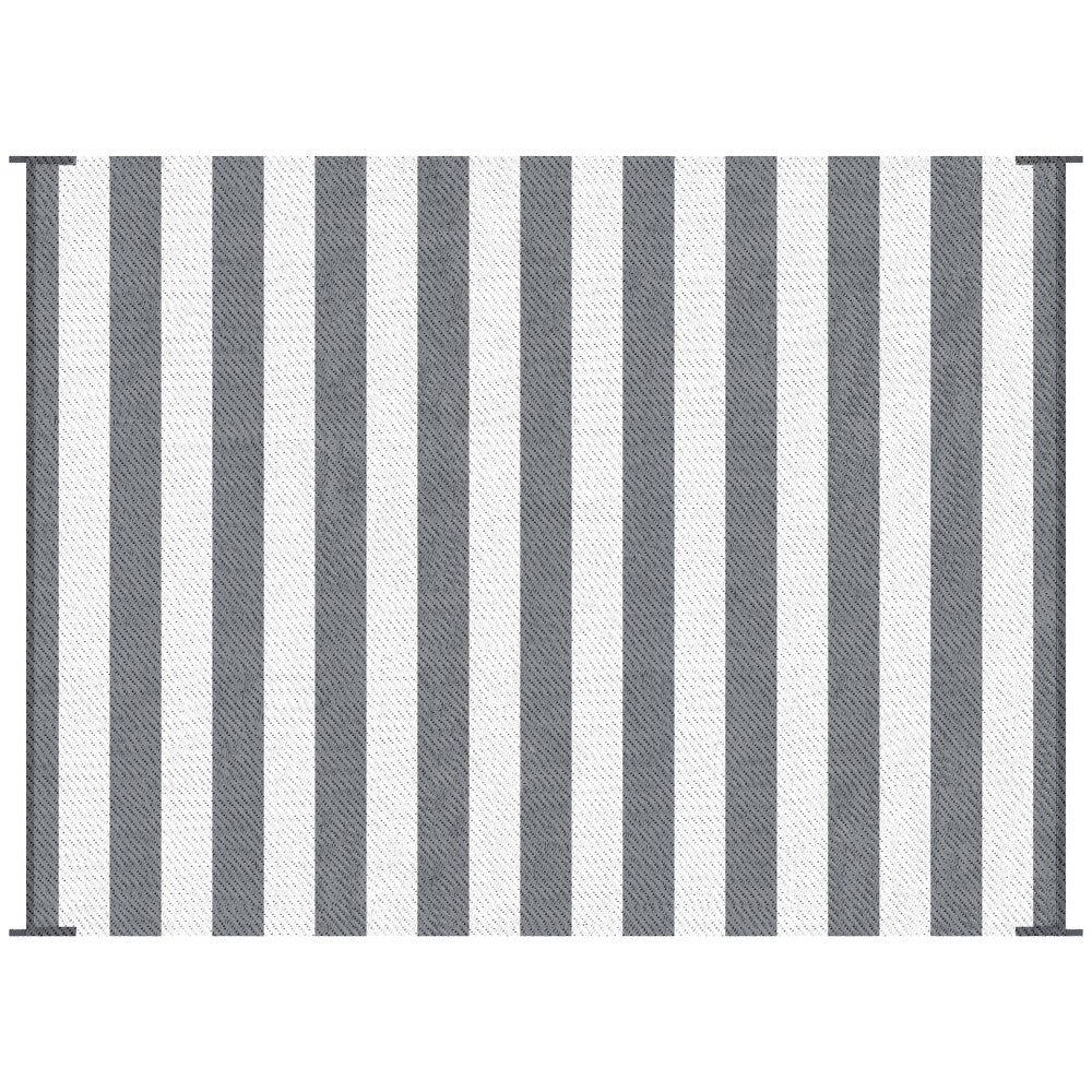 Outsunny Reversible Outdoor Rug, 9' x 12' Waterproof Plastic Straw Floor Mat, Portable RV Camping Carpet with Carry Bag, Large Floor Mat for Backyard, Deck, Picnic, Beach, Gray & White Striped