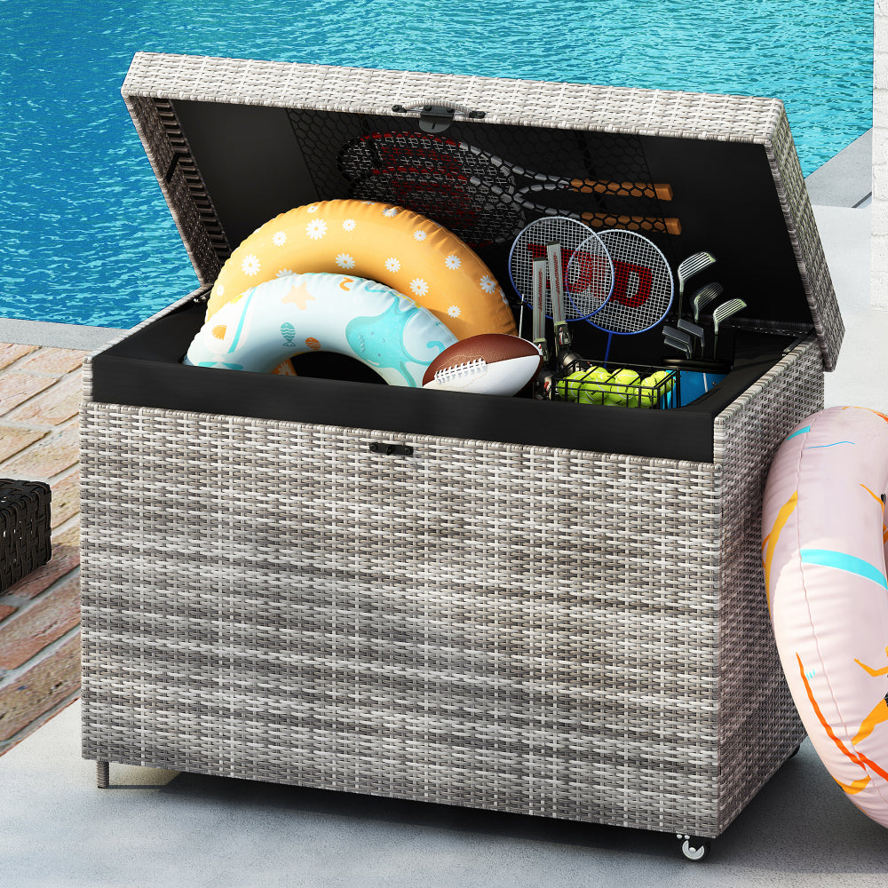 K&K 230 Gallon Wicker Deck Box with Wheels, All-Weather Outdoor Storage Box, Rattan Storage Bin for Patio Furniture, Outdoor Cushions, Pool Storage and Garden Tools - Grey