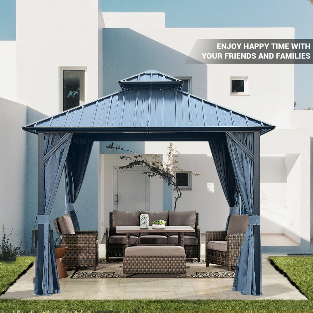 10' X 10' Hardtop Gazebo with Galvanized Steel Double Roof, Sturdy Aluminum Frame, Curtains, and Netting for Patio, Lawn, and Garden