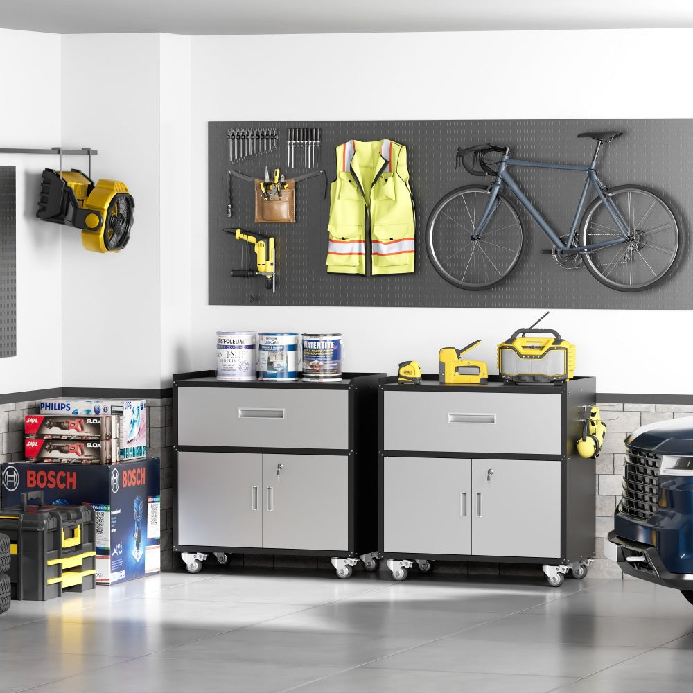 Metal garage cabinets, rolling tool cart boxes with wheels (black/gray)