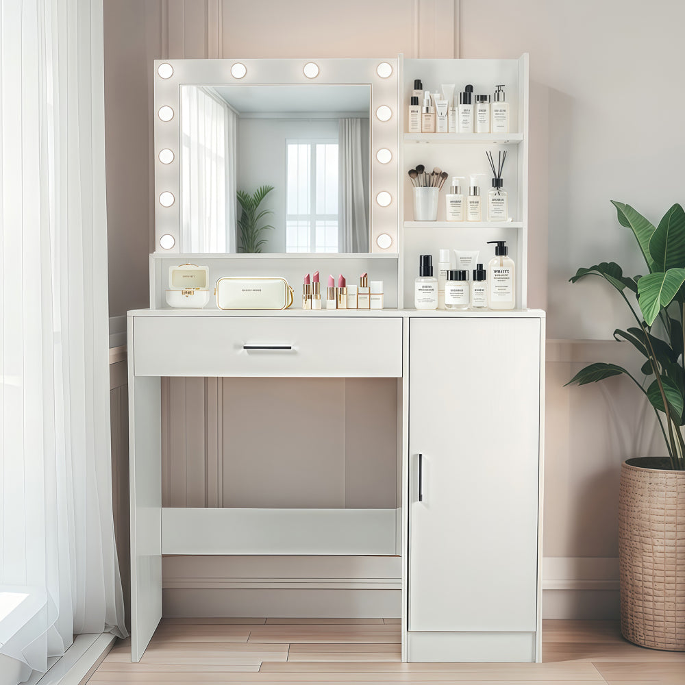 Vanity Desk with Mirror and Lights, Makeup Vanity with Drawer & Storage Cabinet, 3 Lighting Modes Adjustable Brightness, Dressing Table with Open Shelves for Bedroom, Dressing Room, White