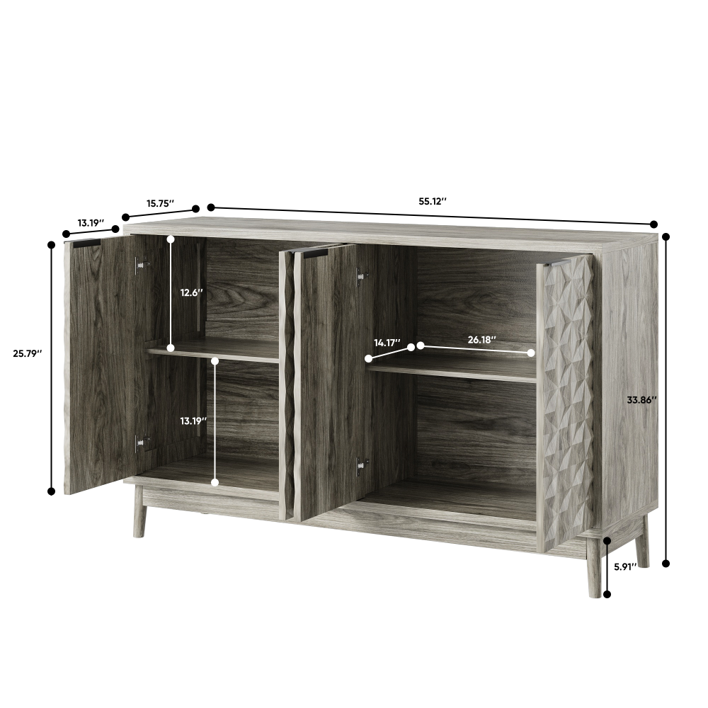 Modern Style Buffet Cabinet,Sideboard Buffet Cabinet With Storage,Storage Cabinet with 4 Diamond-shaped relief Doors For Living Room,Dining Room,Entryway,Hallway,Kitchen,Grey