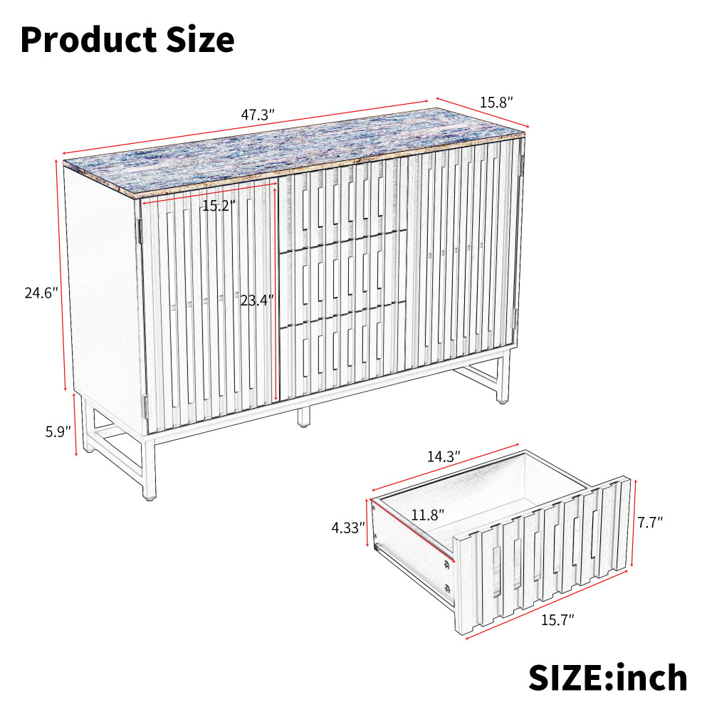 3 Drawer and 4 Shelves Dresser with Slatted Grille Striped Drawer and doors, Modern Style Dresser, High-Quality MDF and Metal Leg