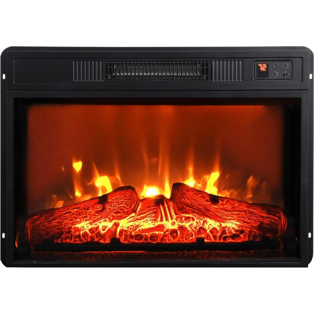 23" Electric Fireplace, 3DInfrared Black Fireplace Electric Insert Heater, with IR Remote Control, Glass View, Adjustable Realistic Logs & Flames, Indoor, 1400W