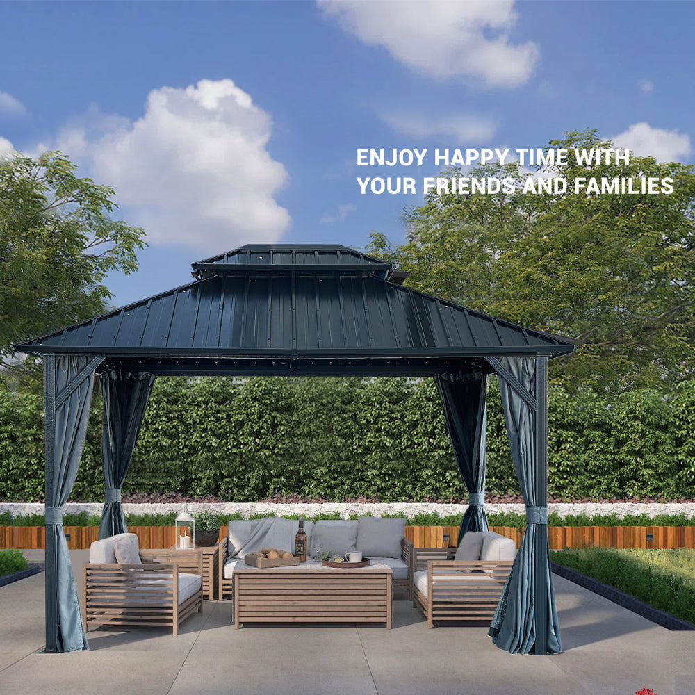 10' X 12' Hardtop Gazebo with Galvanized Steel Double Roof, Sturdy Aluminum Frame, Curtains, and Netting for Patio, Lawn, and Garden