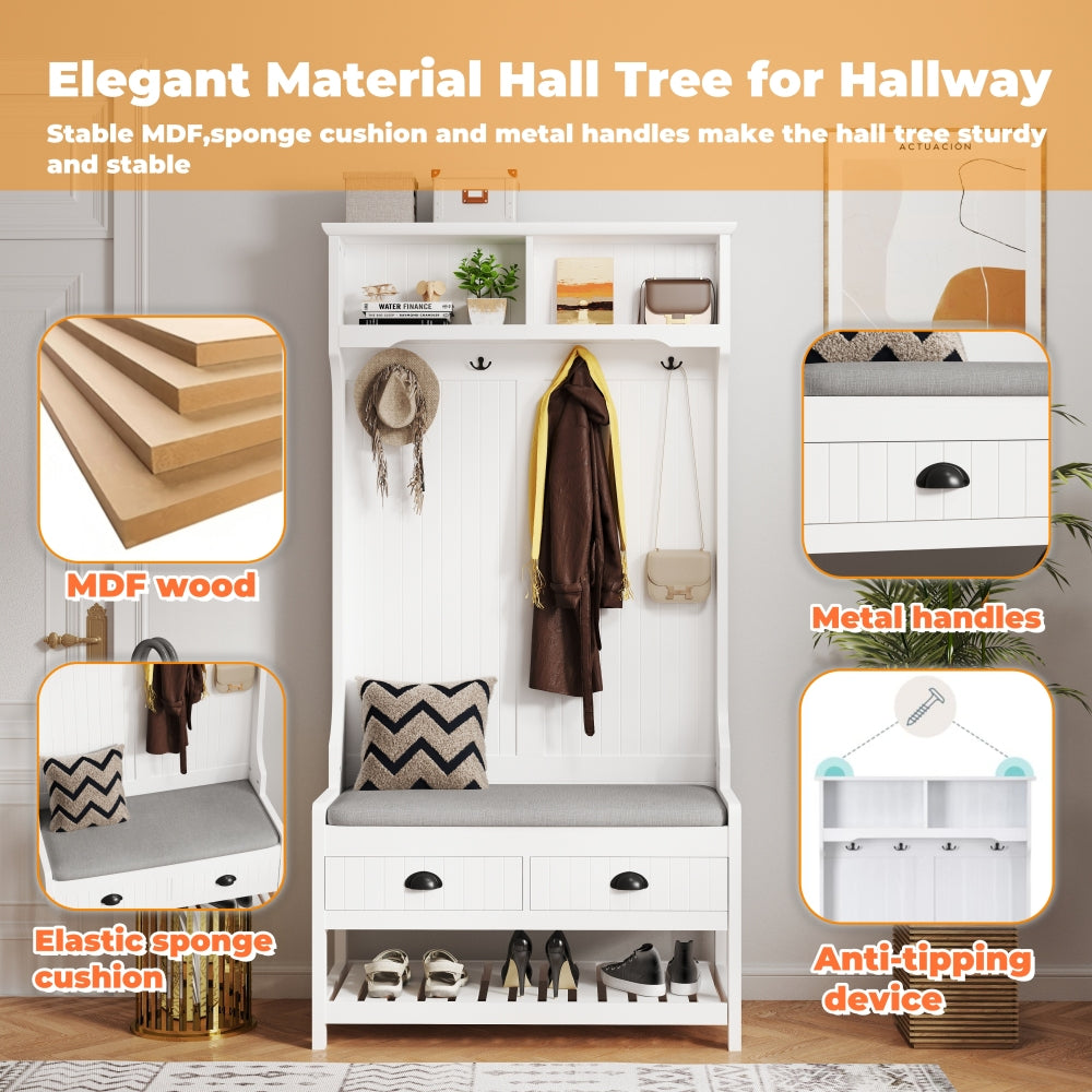 3-in-1 Hallway Hall Tree with 2 Storage Drawer and 4 Coat Rack, Wooden Entryway Shoe Rack Bench with Padded Seat Cushion, Mudroom Bench with Top Storage Shelf