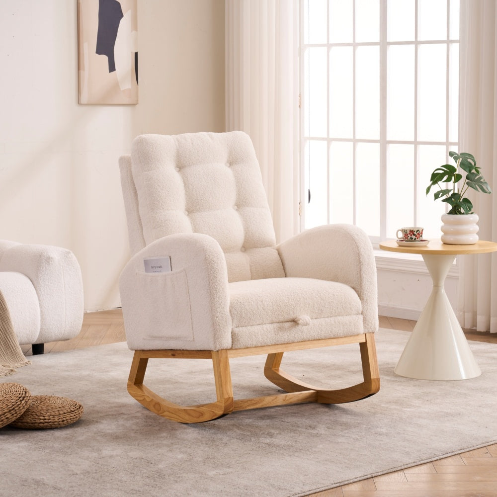 LY-5104 Plush Accent Rocking Chair with Footrest, Cream White High-Back Rocker, Rubber Wood Lounge Chair for Nursery & Living Room, 38.36"W x 26.77"D x 39.76"H