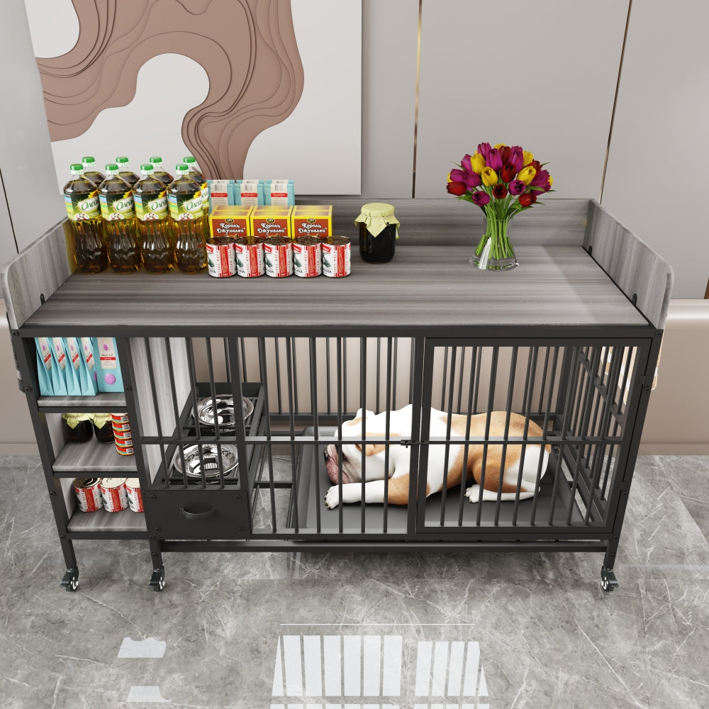 Large pet cage with storage rack, drawers with stainless steel food and water basin, made of iron frame and MDF material, sturdy, exquisite, and practical (black+beige)