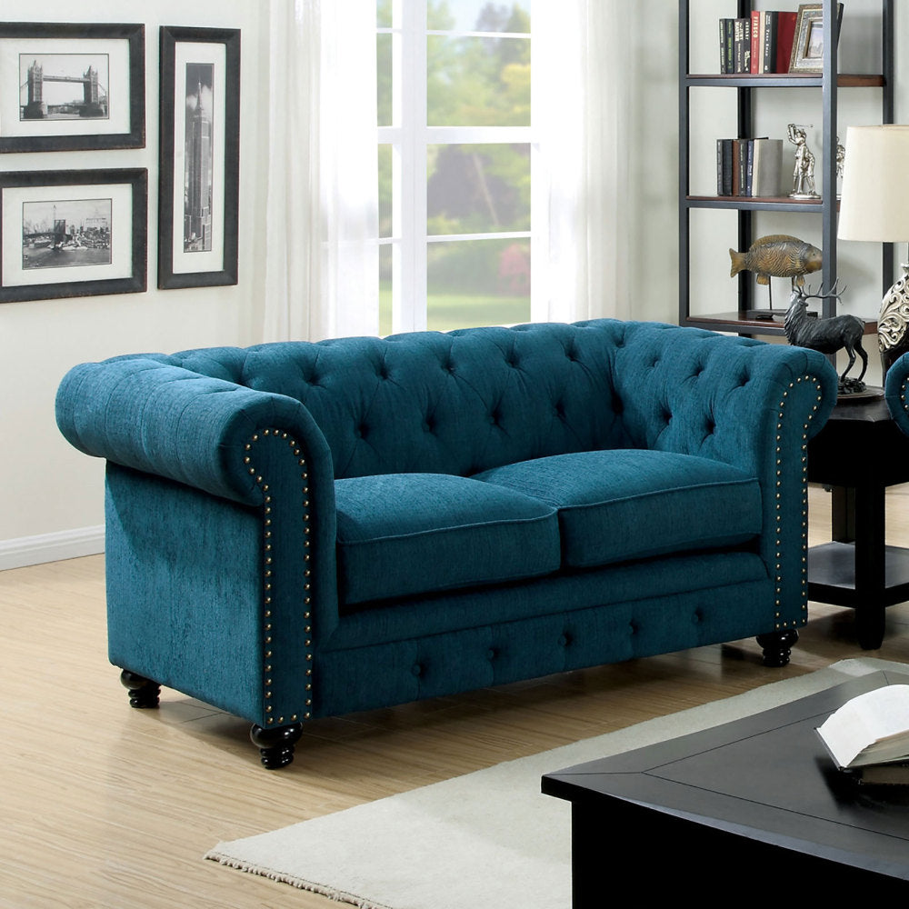 Contemporary Dark Teal Color 1pc Loveseat Button Tufted Couch Rolled Arms Nailhead Trim Leatherette