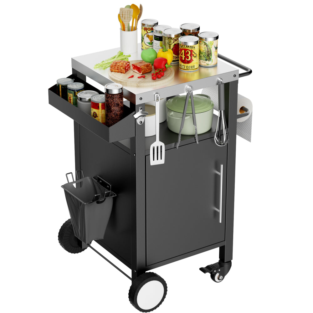 Outdoor Grill Cart with Patio Furniture, Outdoor Grill Table with Storage,Rolling Bar Cart Outdoor BBQ Cart with  Hooks and Spice Rack for Grilling Accessories, Black