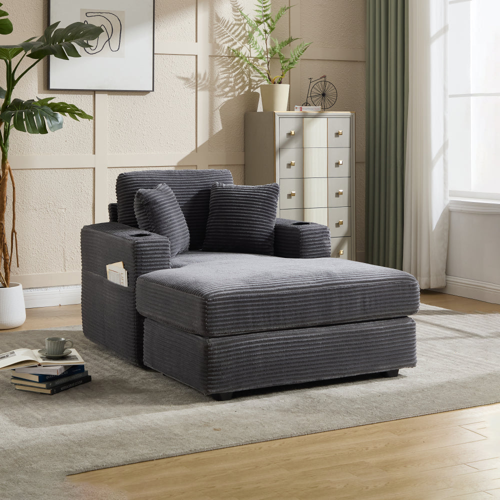 [VIDEO/New]Corduroy Upholstered Chaise Lounge Sofa with Handrail storage ,Movable ottoman,Cupholders,Detachable Cushions Deep Seat for Living Room Office,3 colour