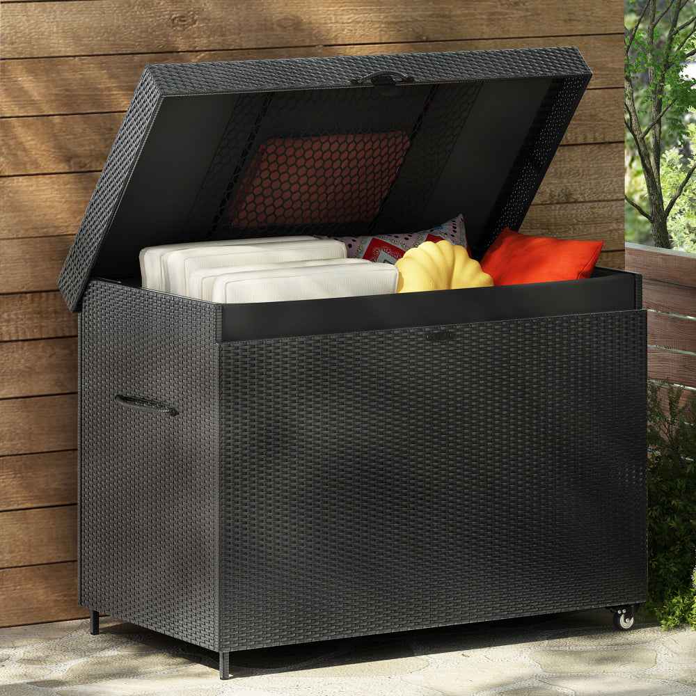 K&K 230 Gallon Wicker Deck Box with Wheels, All-Weather Outdoor Storage Box, Rattan Storage Bin for Patio Furniture, Outdoor Cushions, Pool Storage and Garden Tools - Grey
