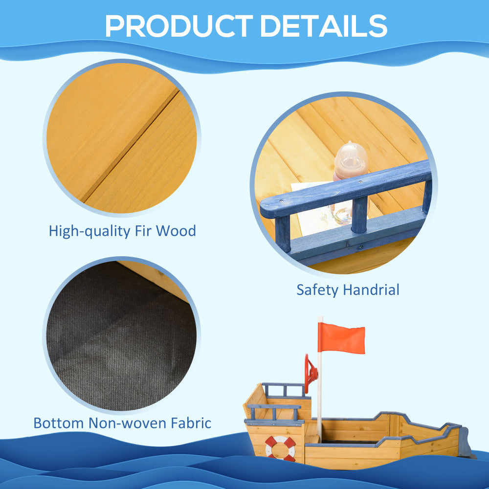 Outsunny Wooden Kids Pirate Sandbox, Outdoor Sandboat with Bench Seats, Storage, Non-Woven Fabric Cloth for Backyard, Lawn
