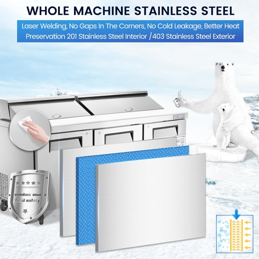 72" W 3 Door Refrigerator Sandwich Salad Prep Table Commercial Stainless Steel Fan Cooling Refrigerator with Cutting Board, 3 Shelves & 30 Pans for Restaurant, Bar, Shop-20 Cu.ft