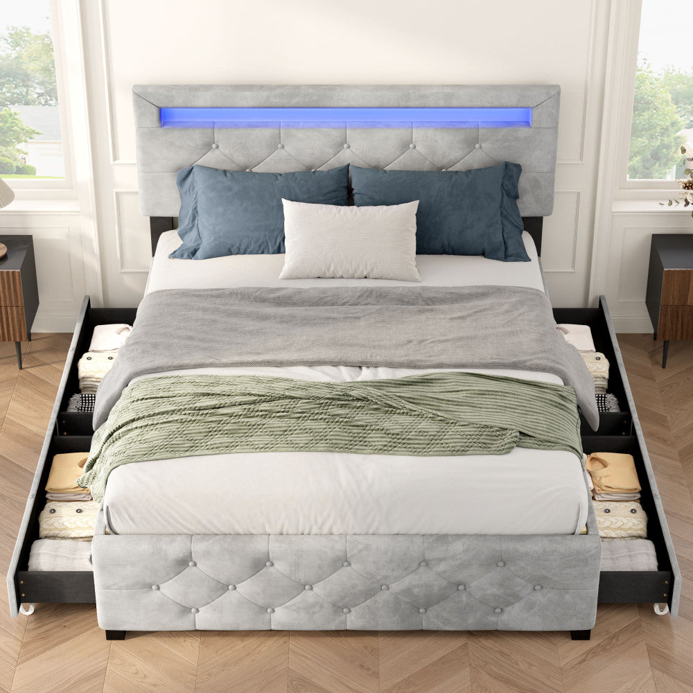 Twin Size Platform Bed Frame with Fabric Upholstered Headboard and Wooden Slats Support