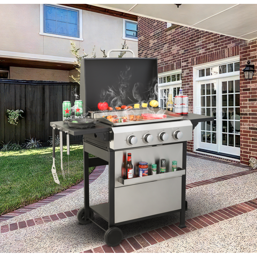 4-Burner Propane Gas BBQ Grill, SS Plancha, 49200BTU Output With Wire Enamel Cooking Grids For Outdoor Barbecue, Foldable Side Table, Hanging Basket, Stainless Steel