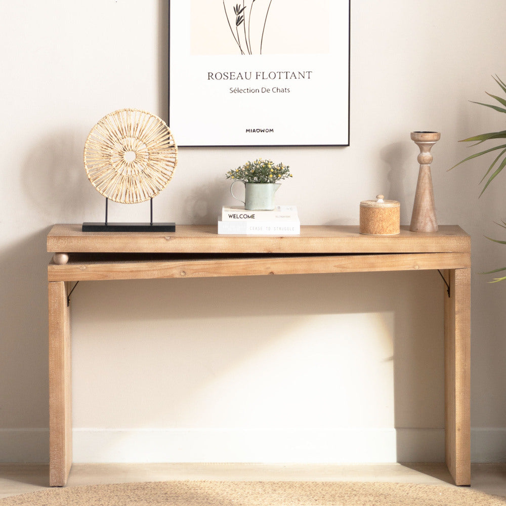 Rustic Wooden Console Table with Drawer – Minimalist Design, Ribbed Texture, and Natural Finish