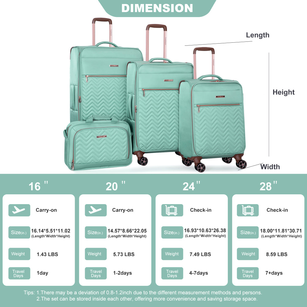 4-Piece Set (16/20/24/28) ,Softshell Suitcase Spinner Wheels Terylene Luggage Sets Carry On Suitcase  Luggage  Lightweight Durable Suitcase  Green