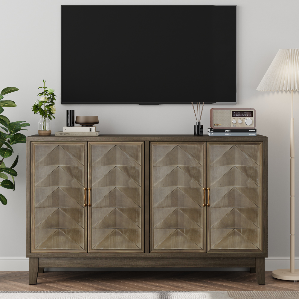 Modern Style Buffet Cabinet,Sideboard Buffet Cabinet With Storage,Storage Cabinet with 4 Diamond-shaped relief Doors For Living Room,Dining Room,Entryway,Hallway,Kitchen,Grey