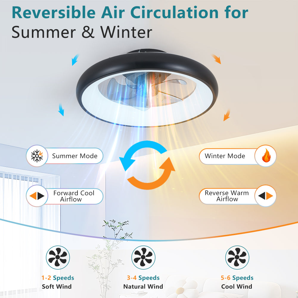 20" Black LED Ceiling Fan Light – Dimmable & Adjustable Color Temperature, APP & Remote Control, Modern Smart Ceiling Fan for Living Room, Bedroom, and Dining Room (Silent/6-Speed/Reversible/DC Motor)