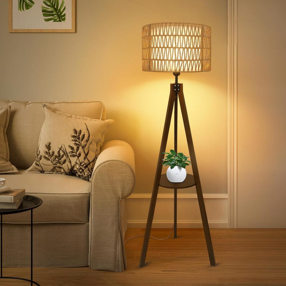Boho Tripod Floor Lamp with Shelves, Mid Century Wood Standing Lamp with Rattan & Fabric Shades, ON/Off Foot Switch, Modern Farmhouse Tall Floor Lamps for Living Room Bedroom Office