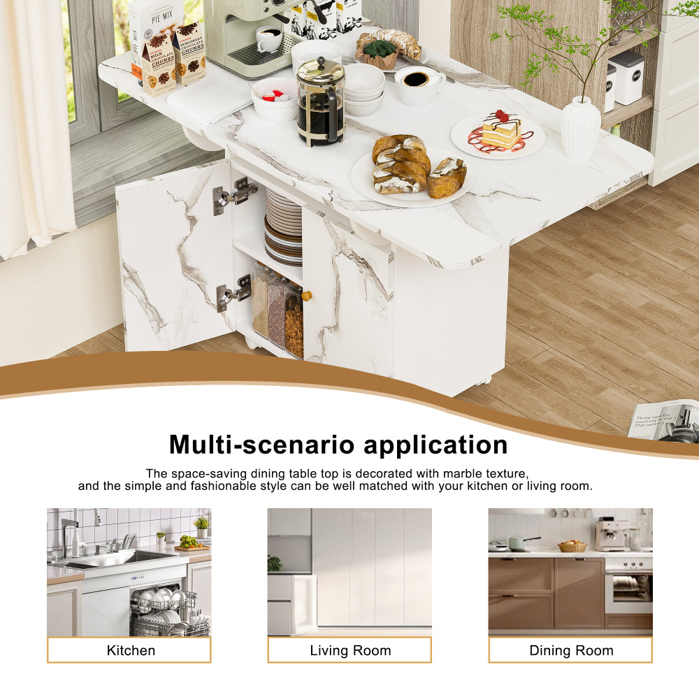 47" Wood Folding Dining Table with storage rack and cabinet, Removable Entryway Table with 6 Wheels, White Marble Color Kitchen Island, Side Table and Coffee Table Versatile Table Space Saving