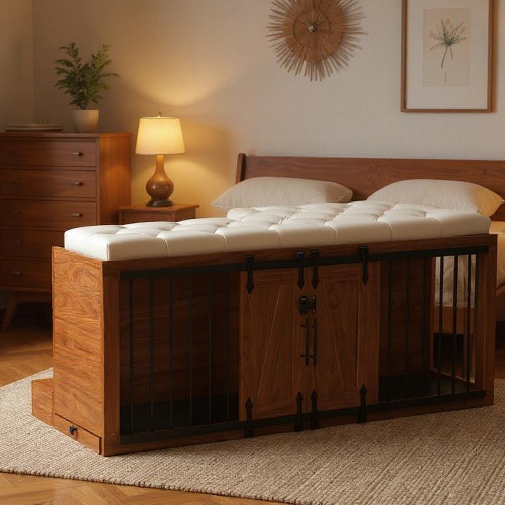 56"L, Furniture Style 2 in 1 Dog Crate with Padded Seat, Sliding Barn Door, Luxury Wooden Dog Kennel, End of Bed Bench Ottoman with Removable Cushion for Bedroom, Living Room, Walnut