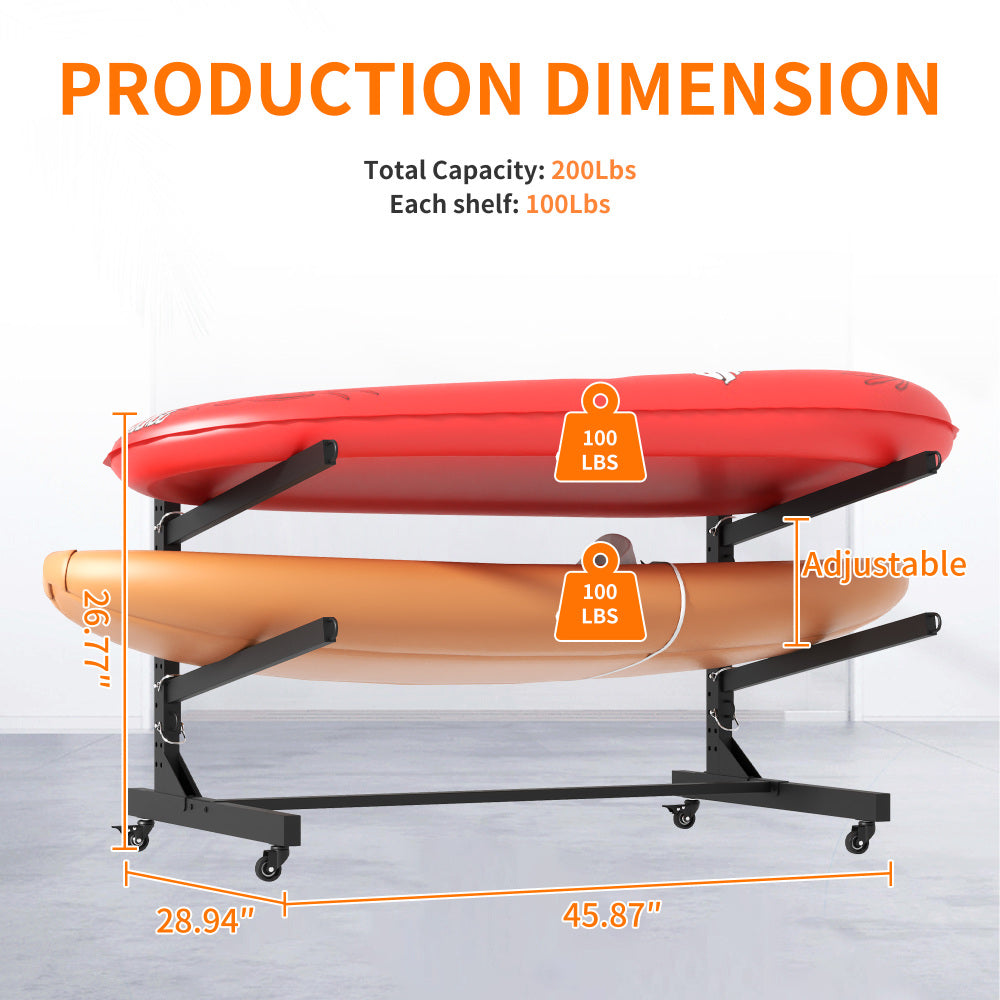 Freestanding Kayak Storage Rack – Holds 2 Kayaks, Heavy-Duty Adjustable Stand with Lockable Wheels for Kayak, Canoe, SUP & Surfboard