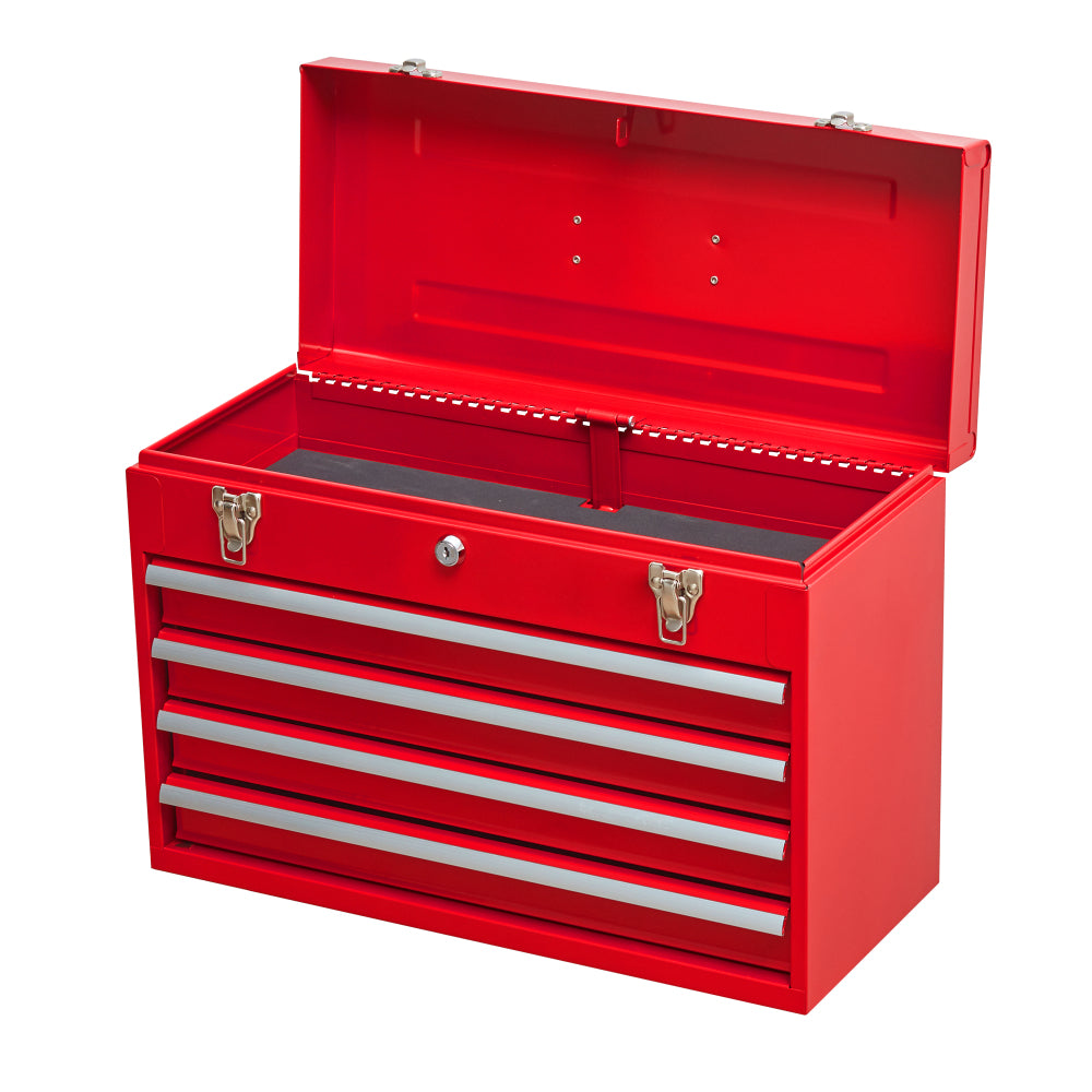 Metal Tool Box with 4 Drawers Portable Steel Tool Chest with Metal Cylinder Lock and Latch Closure, Liner, Red Powder coating, suitable for Garage, Warehouse and Outdoor Repair job-Red