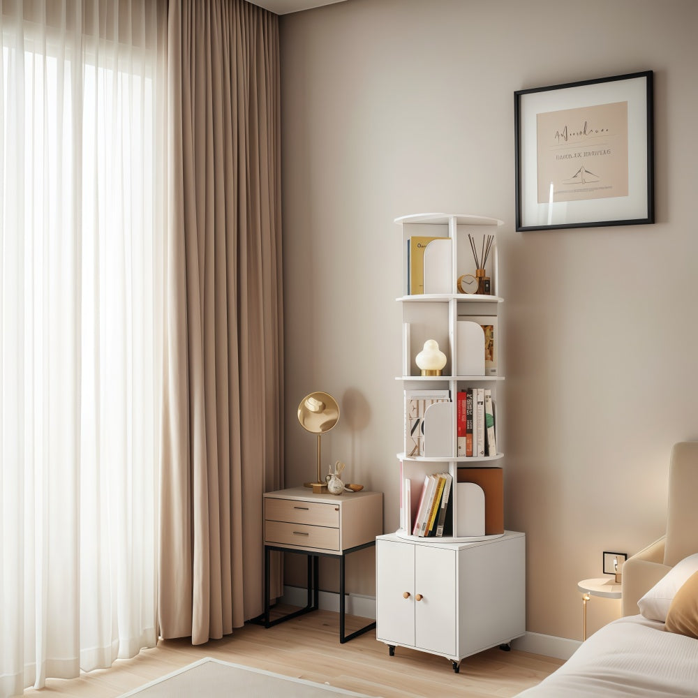Rotating Bookshelf, 360 Degree Display 5 Tier Corner Bookshelf with Drawer for Small Space, Floor Standing Bookcase Storage Rack, Wood Narrow Book Shelf Organizer for Bedroom, Living Room (WHITE)