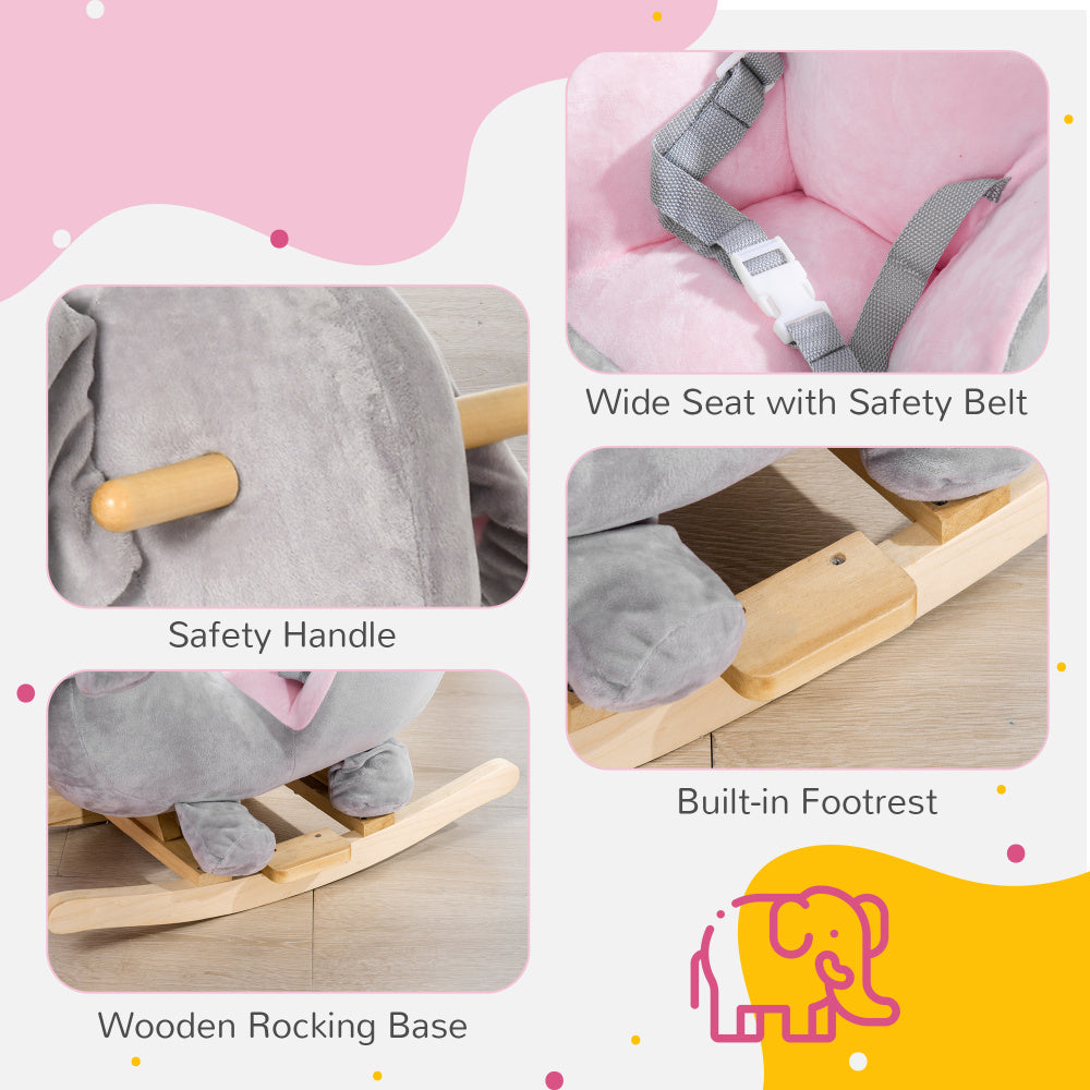 Qaba Baby Rocking Horse Elephant Rocking Chair Toddler Rocker Toy with Sound Wooden Base Seat Safety Belt for 1.5-3 Year Old, gray
