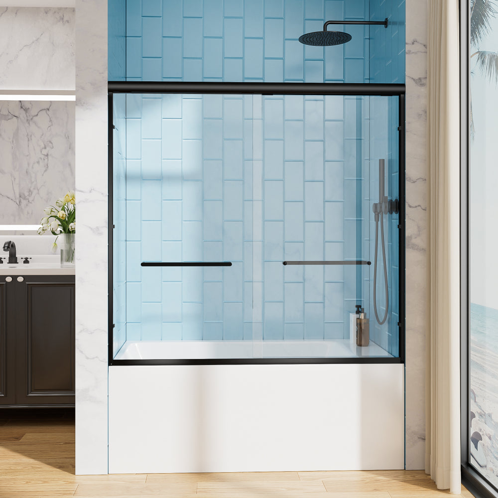 60" W x 57" H Aluminum Frame Double Sliding Shower Door, Soft-Close Matte Black Bathtub Door, 1/4" (6mm) Clear Nano-Coated Tempered Glass, Dual Stainless Steel Handles