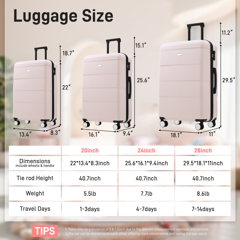 Hardshell Luggage Sets 3 Piece Double Spinner Wheels Suitcase with Handle Password Lock, Lightweight 20"+24"+28" Luggages