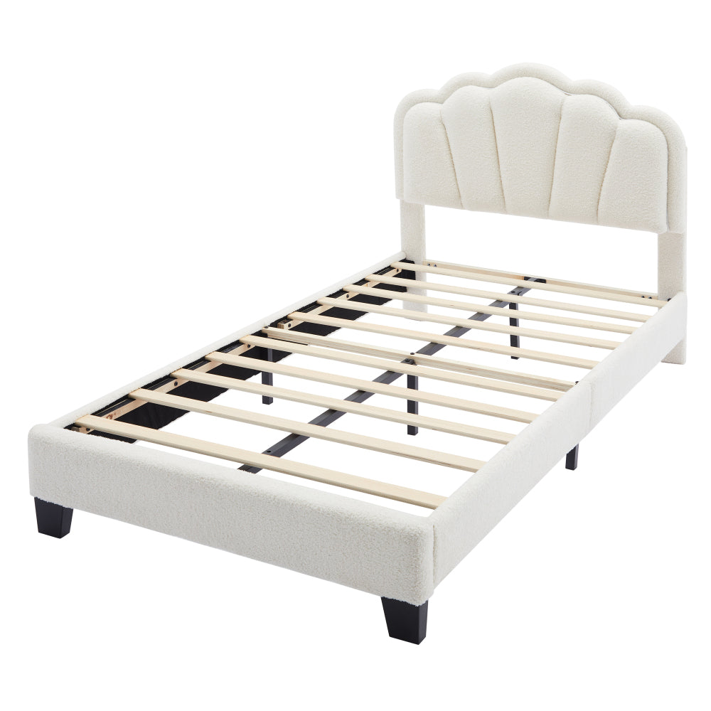 2-Pieces Bedroom Sets Twin Size Flower-Shaped Upholstered LED Platform Bed with Storage Ottoman-Sherpa Fabric, White