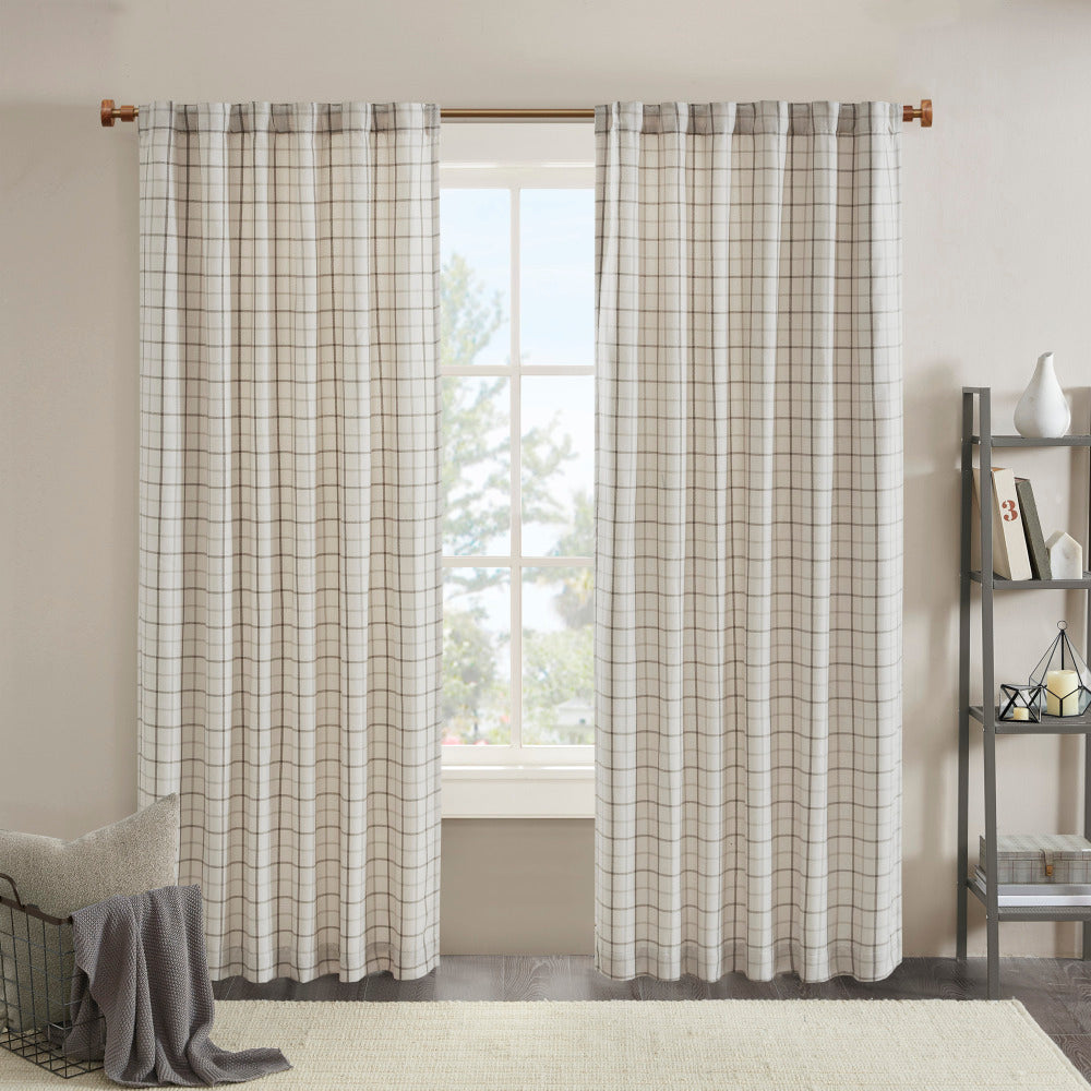 Plaid Rod Pocket and Back Tab Curtain Panel with Fleece Lining Brown 50x95"