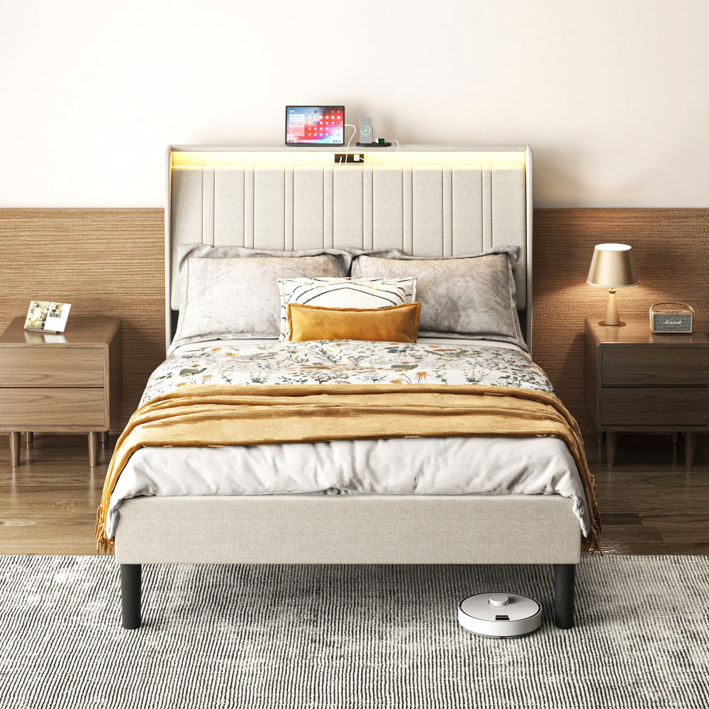 Twin Size Platform Bed Frame with Fabric Upholstered Headboard and Wooden Slats Support