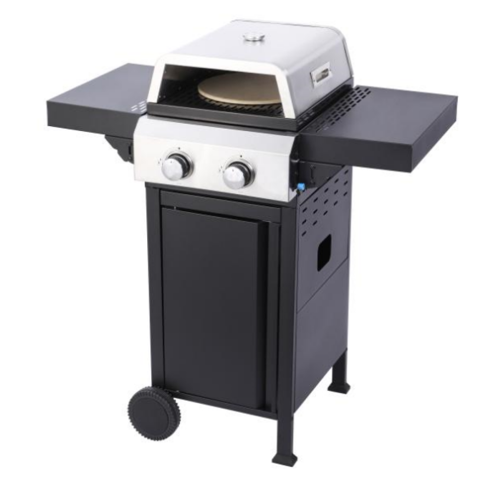 2-Burner Propane Gas BBQ Grill, Pizza Box, 24600BTU Output With Wire Enamel Cooking Grids For Outdoor Barbecue, Foldable Side Table, Hanging Basket, Stainless Steel