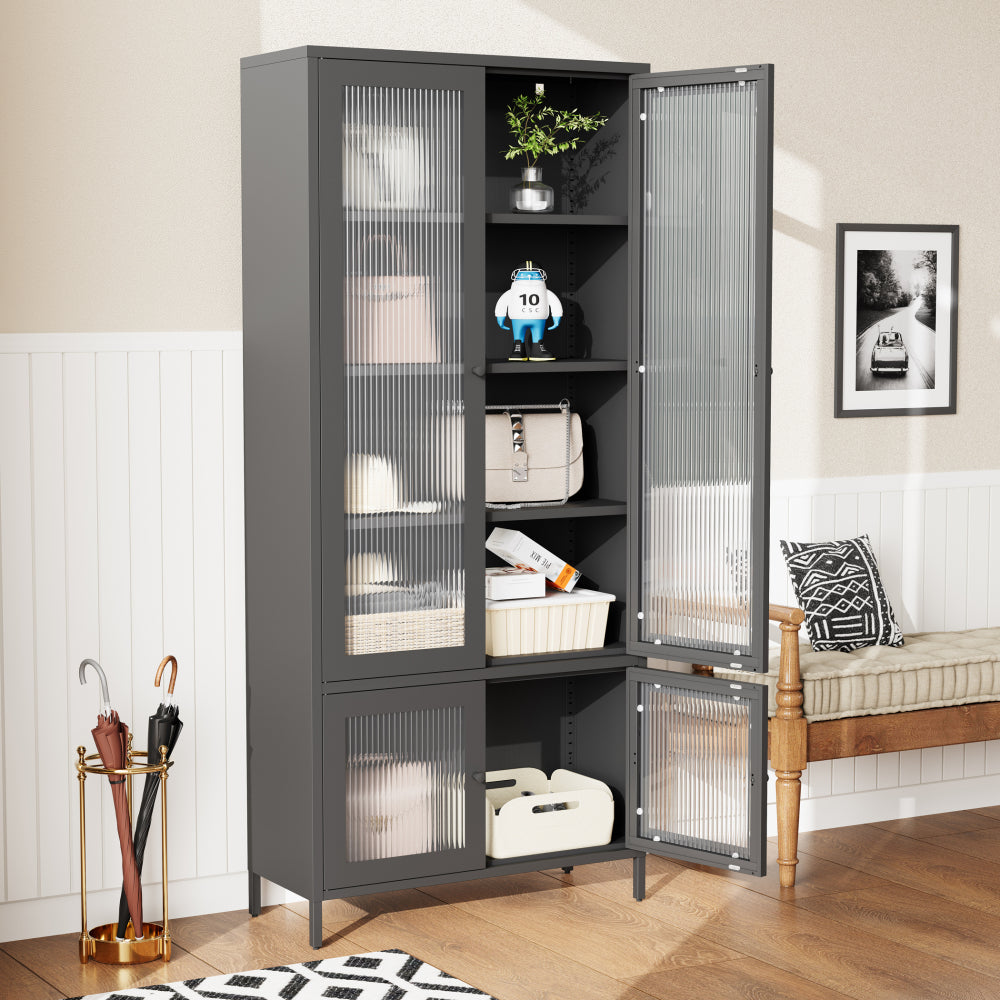 Large Metal Storage Cabinet Display Cabinet with 4 Glass Doors 5 Shelves Side Cabinet Bookcase Freestanding Cabinet for Bedroom Living Room Pantry Home Office - Black, Fluted Tempered Glass