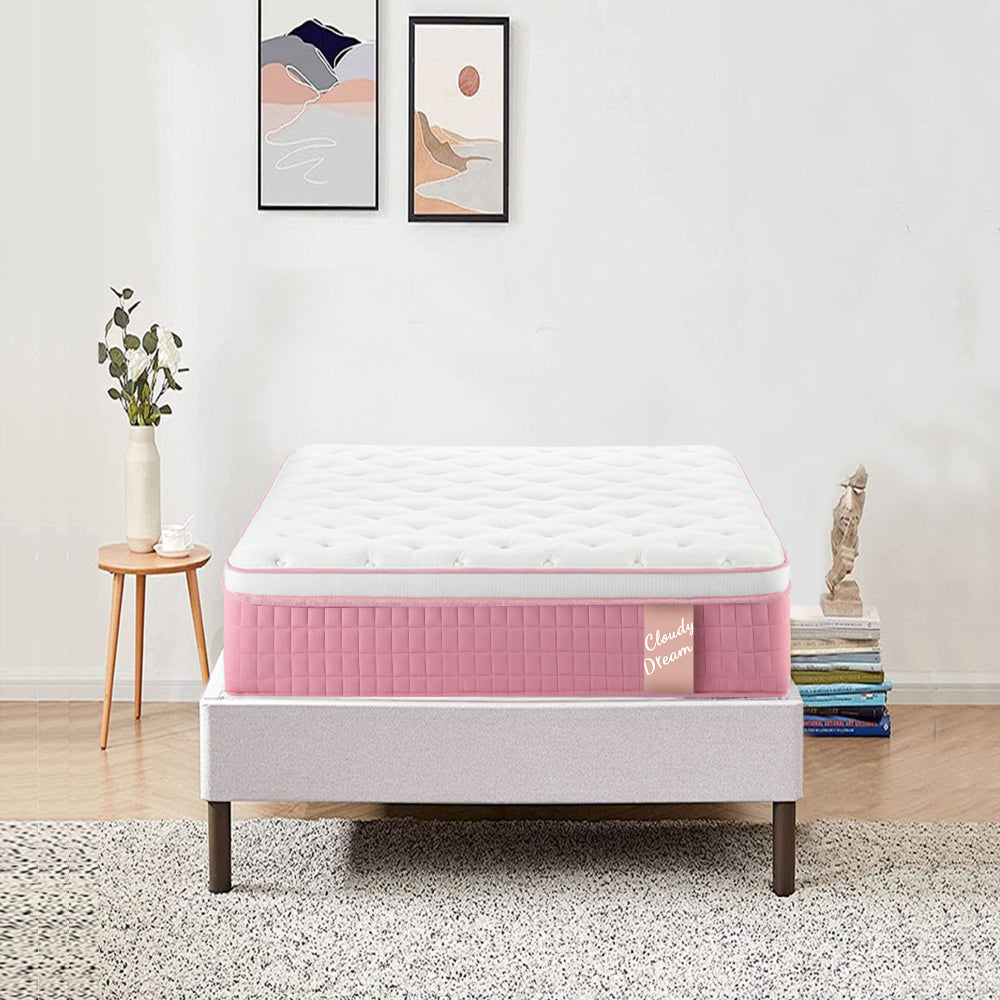 TWIN XL 12 Inch Hybrid Mattress Individual Pocket Spring Memory Foam Cool Knitted Cover CertiPUR-US Pink