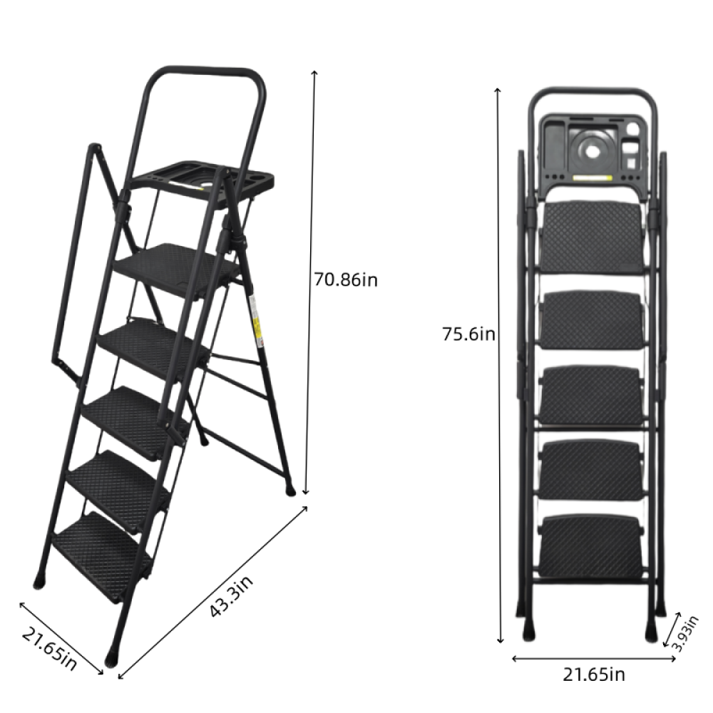 5-step ladder, foldable step stool with tool tray and wide non slip pedals, sturdy steel ladder, convenient handrails, lightweight portable steel step stool