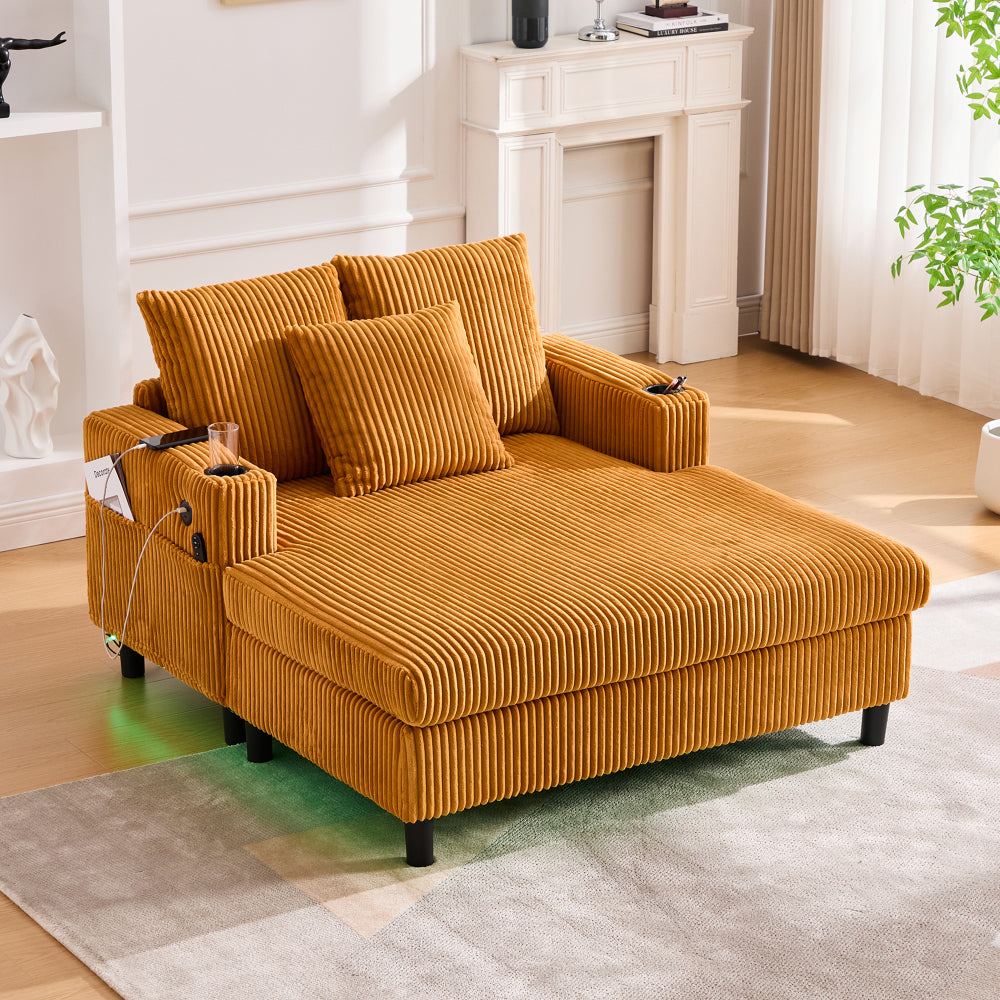 UNITED WE WIN Modern Corduroy Oversized Recliner Sofa with Deep Seat, 3 Pillows, USB Charging, RGB LED Light Strip, Cup Holder, Side Pocket - Suitable for Living Room and Bedroom
