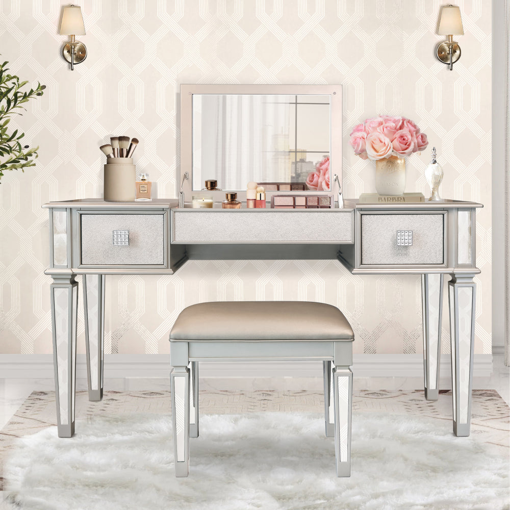 Mirrored Vanities Desk with Drawers, Bedroom Makeup Vanity Table Set with Mirror and Stool, Flip Up Dressing Table for Bedroom/Makeup Room, Working Desk for Women, Girl Furniture Combo