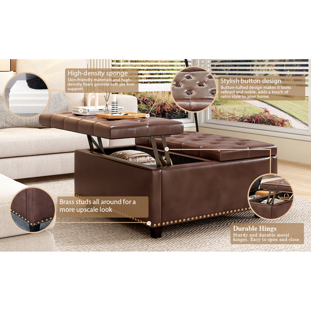 Large square storage stool with two storage doors, footstool for living room Mid-century modern coffee table with nailhead inlay, brown PU leather
