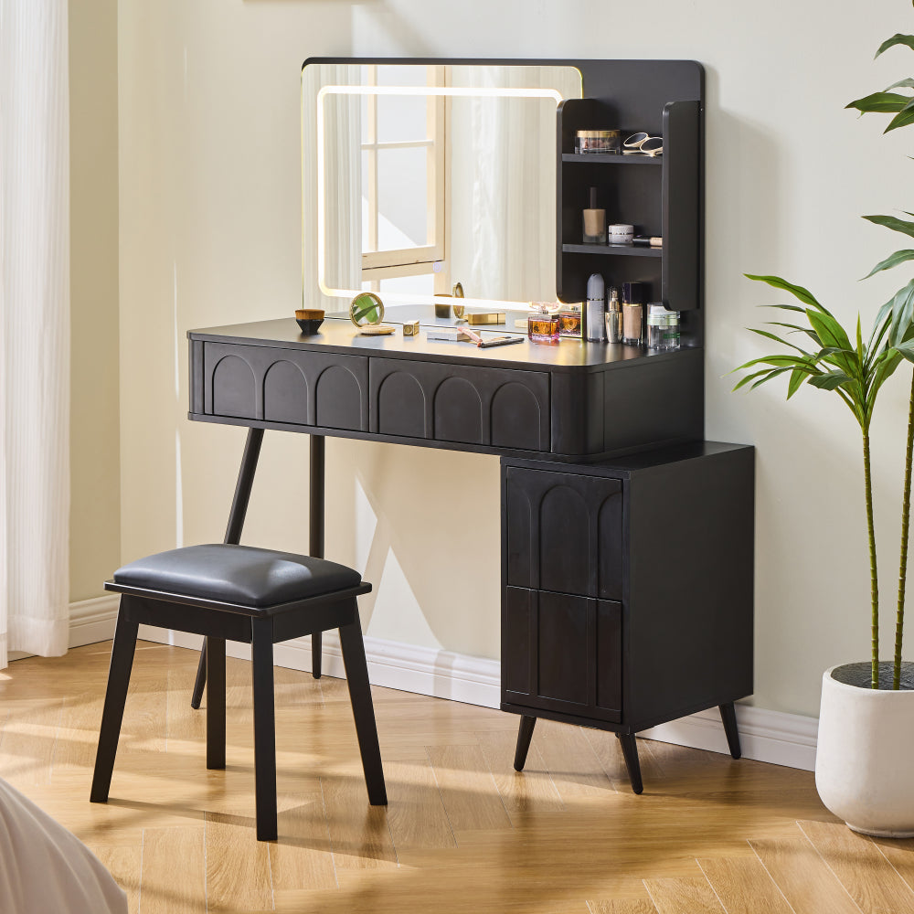Modern Makeup Vanity Desk with LED Lights & Mirror, 4 Drawer Dressing Table Set with Stool, 3 Colors Dimmable Brightness, Space-Saving for Bedroom, White