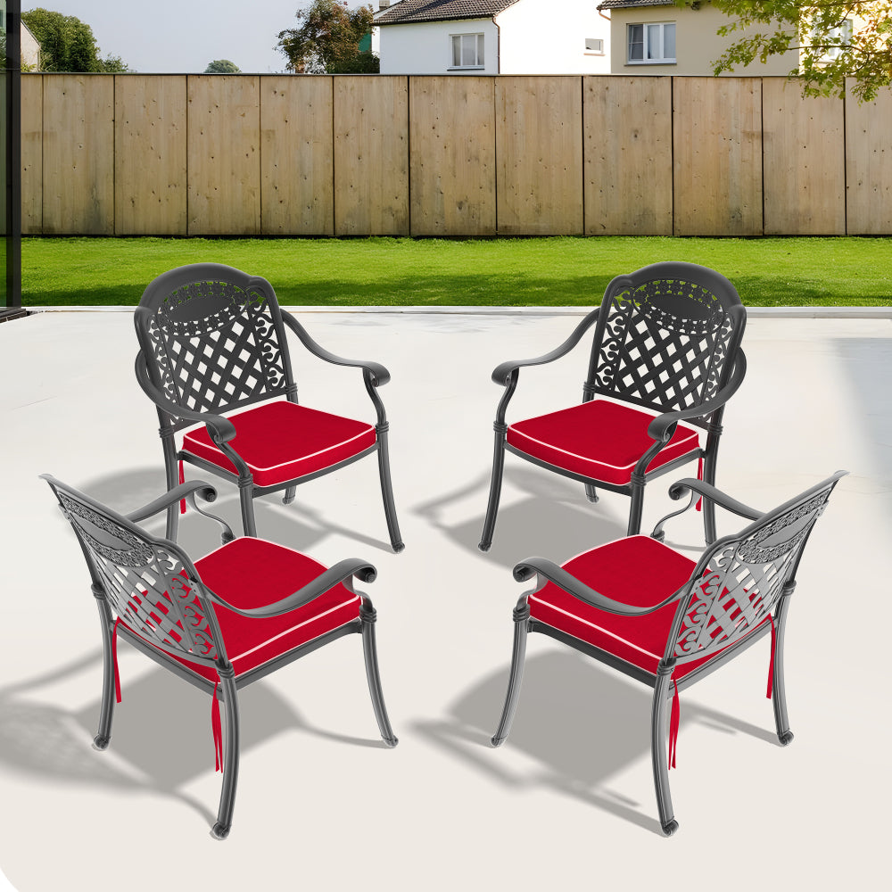 Cast Aluminum Patio Dining Chair 4PCS With Black Frame and Red Cushions