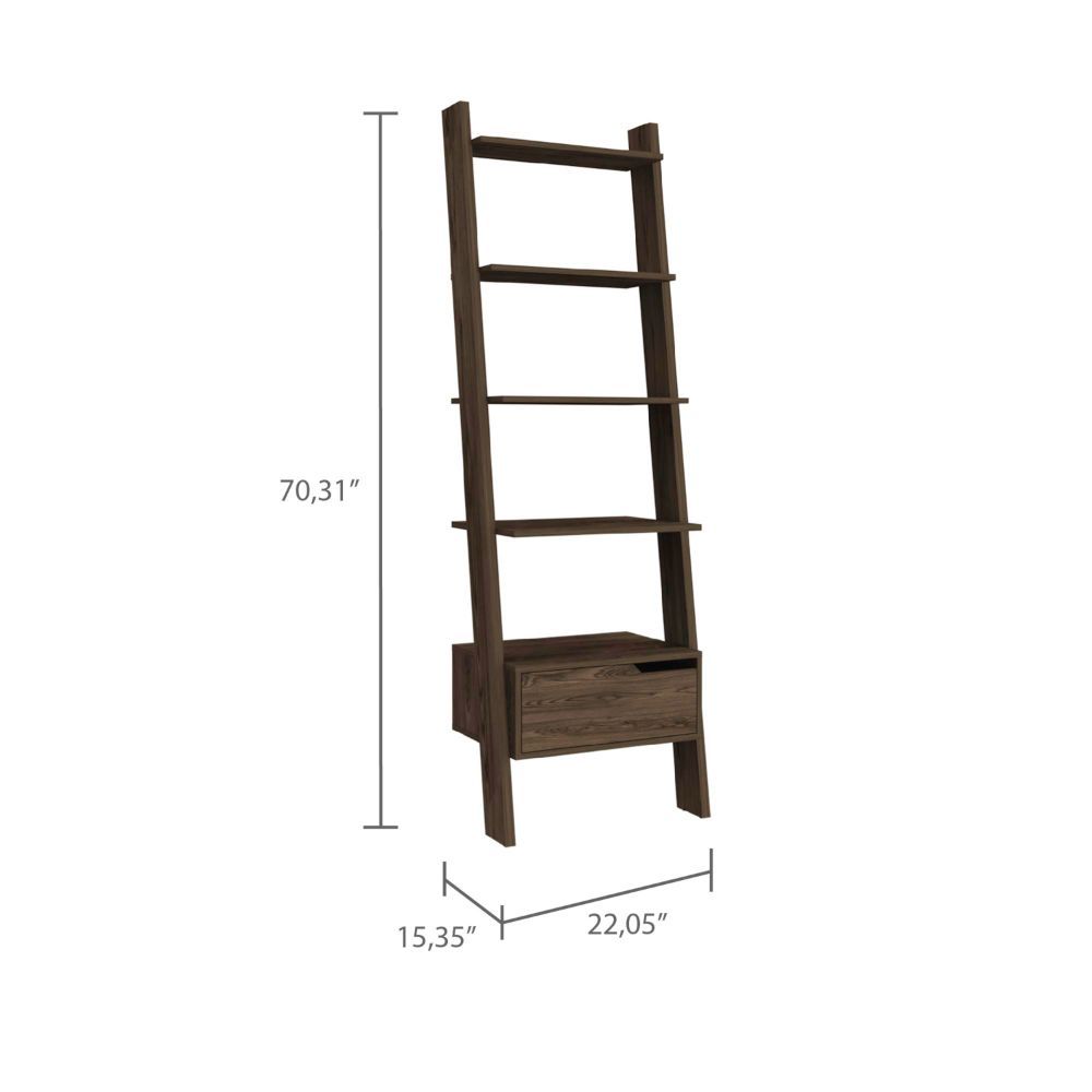 Ladder Bookcase, One Drawer, Five Open Shelves, Dark Walnut