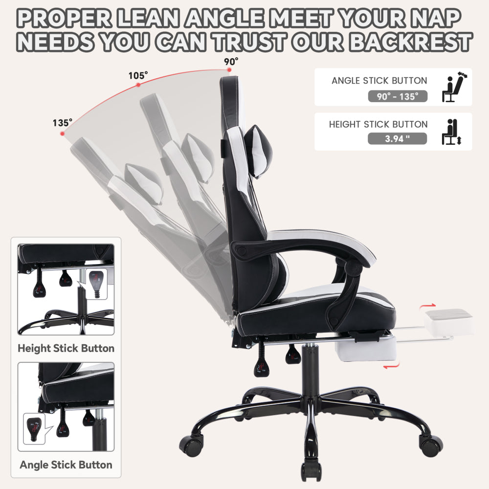 Gaming Chair with Footrest, High Back Gaming Chairs PVC Leather Ergonomic Office Gamer Chair Headrest Lumbar Support Racing Style Video Gaming Chair (Black White)