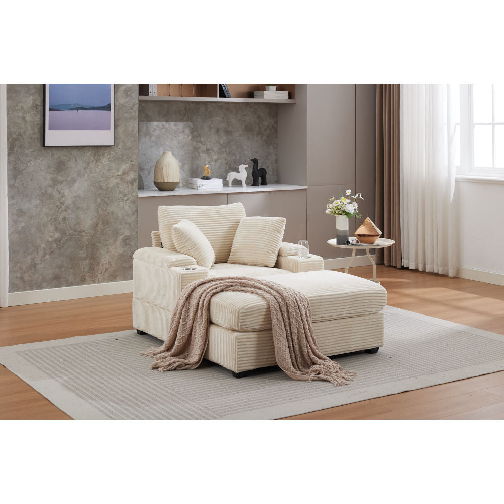 [VIDEO/New]Corduroy Upholstered Chaise Lounge Sofa with Handrail storage ,Movable ottoman,Cupholders,Detachable Cushions Deep Seat for Living Room Office,3 colour